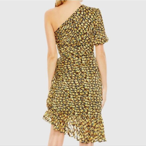 NWT Ieena for Mac Duggal Floral Print Draped One Sleeve Ruffled Hem Dress - Picture 6 of 8